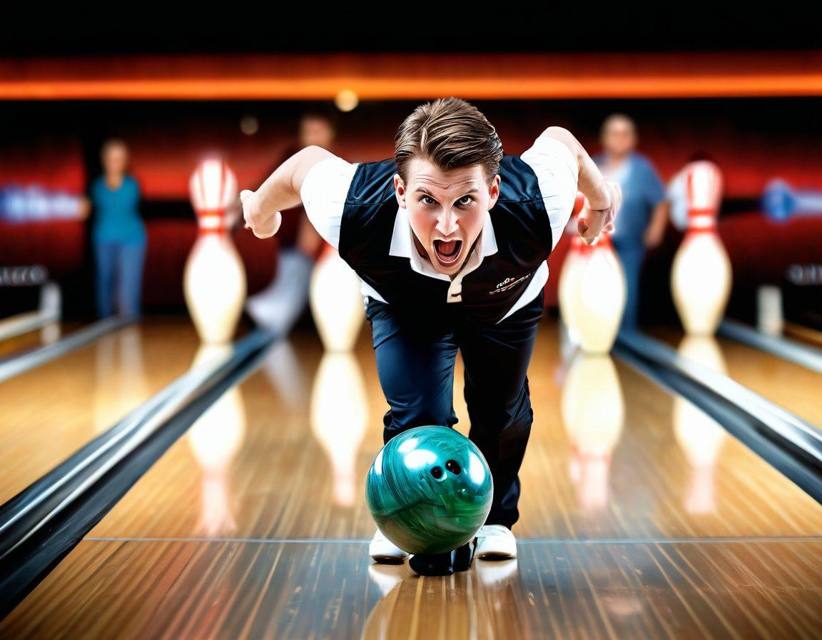 A dynamic scene of a bowler in mid-action, releasing a bowling ball with intensity and focus, surrounded by glowing bowling pins. In the background, an enthusiastic crowd cheers, highlighting the love for the game. The colors are vibrant and lively to capture the excitement and energy of bowling. super-realistic. vibrant colors. action-packed composition.