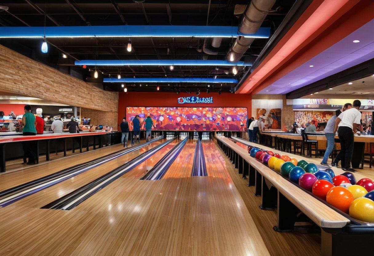 A vibrant bowling alley scene featuring diverse groups of people laughing, communicating, and bowling together. Include colorful bowling balls and pins scattered around, with a food stand in the background serving snacks and drinks. Showcase a banner that reads 'Bowling Community' in bold letters. The atmosphere should be lively and inviting, capturing the spirit of camaraderie among fans. super-realistic. vibrant colors. expressive details.