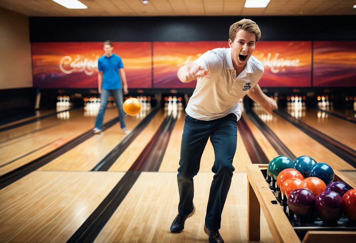 A dynamic scene depicting a passionate bowler mid-strike, with vivid motion effects emphasizing their form and focus. Surrounding them, a series of trophies representing their progression from amateur to pro, along with a chalkboard showcasing practice strategies and scoring tips. A vibrant bowling alley atmosphere filled with colorful lights and enthusiastic spectators in the background. super-realistic. vibrant colors. motion blur.